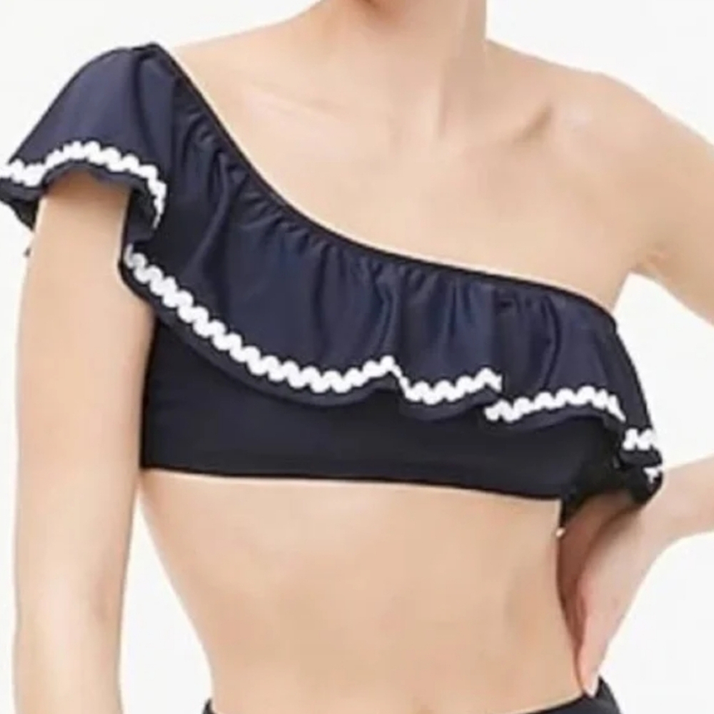 J Crew One Shoulder Navy w/White Rickrack Bikini Ruffle Top M